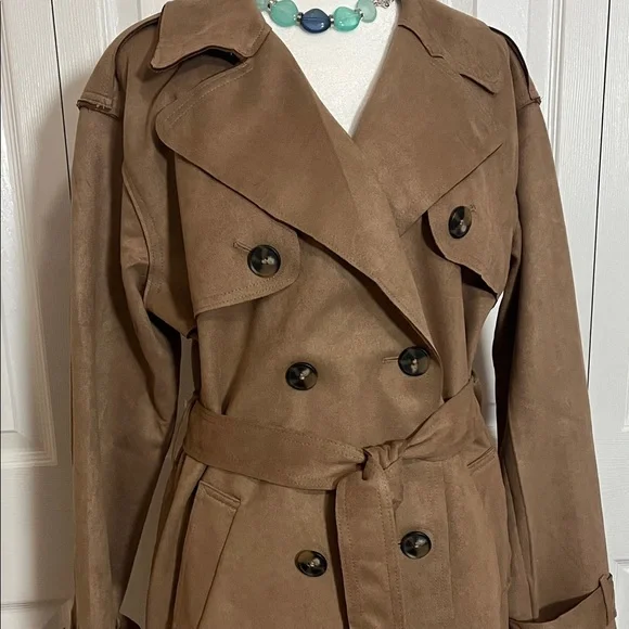 Classic Suede Tan Trench Coat for Women Size Medium - Picture 2 of 11